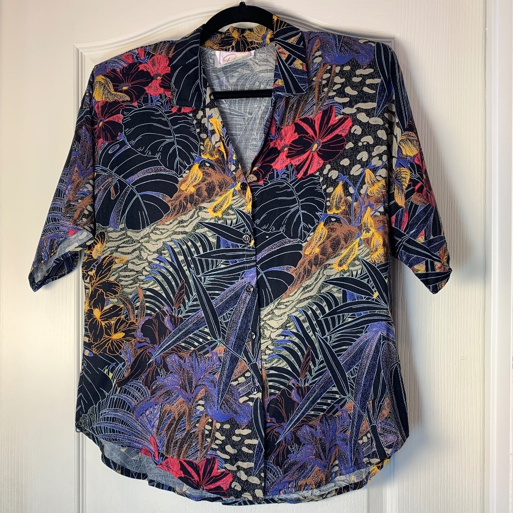 Vintage 90s Tropical Floral Rayon Blouse Made in Canada | Paris Sportswear |‎ M